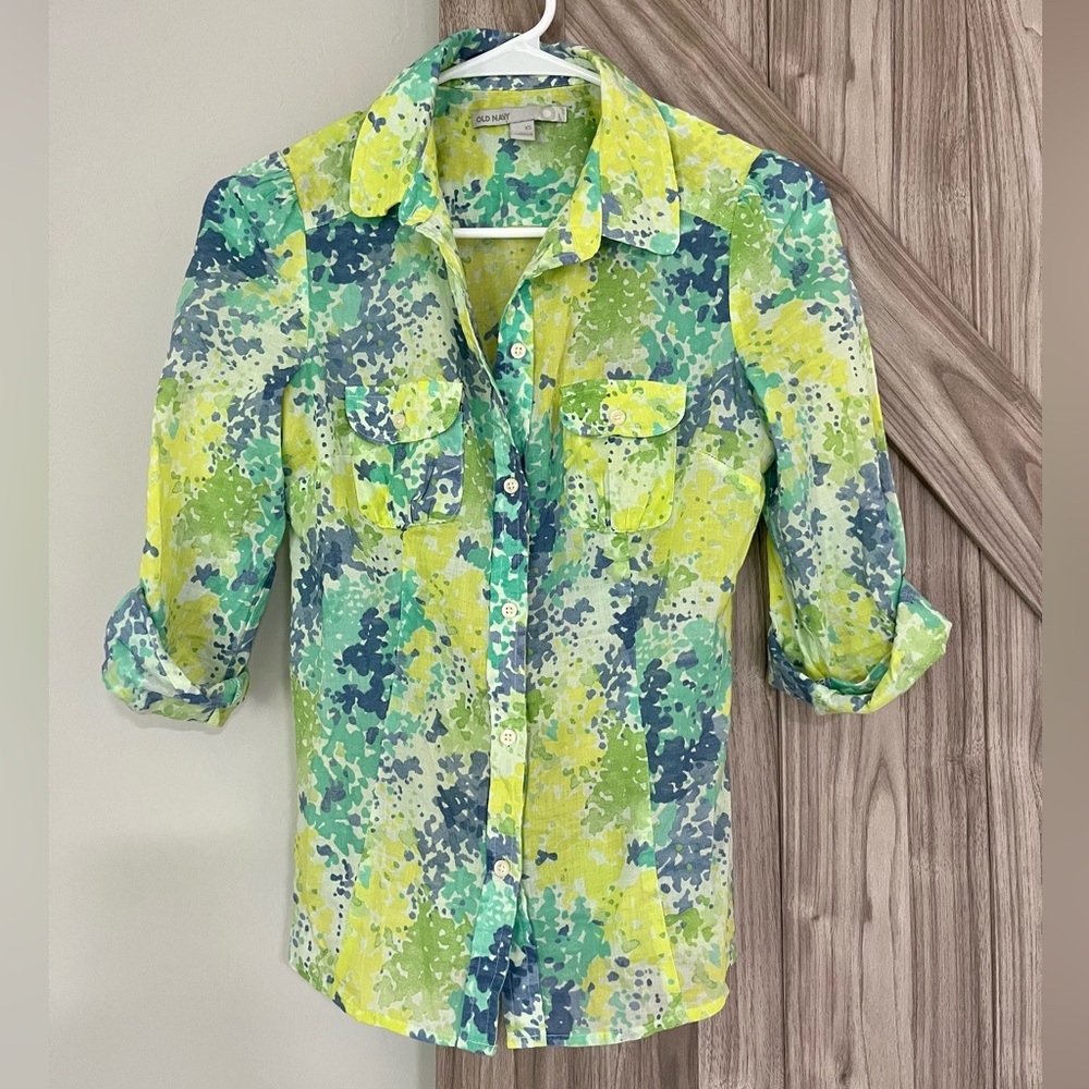Colorful long sleeve button down, size XS
